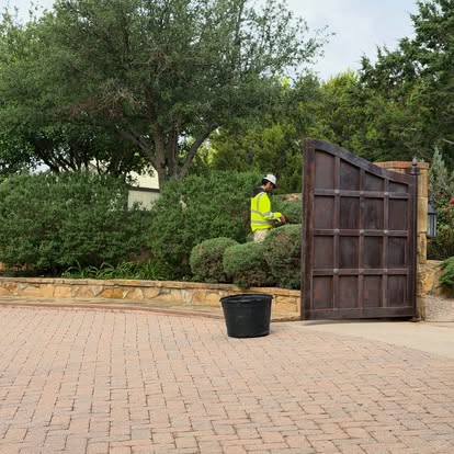 First Choice team member working near landscaped stone walls and a paved property entrance